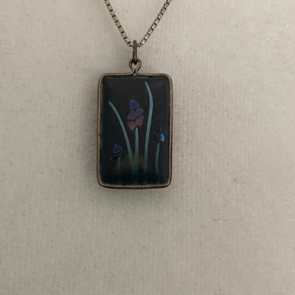 Holly Yashi vintage sterling Rectangular Pendant Necklace with Floral Design